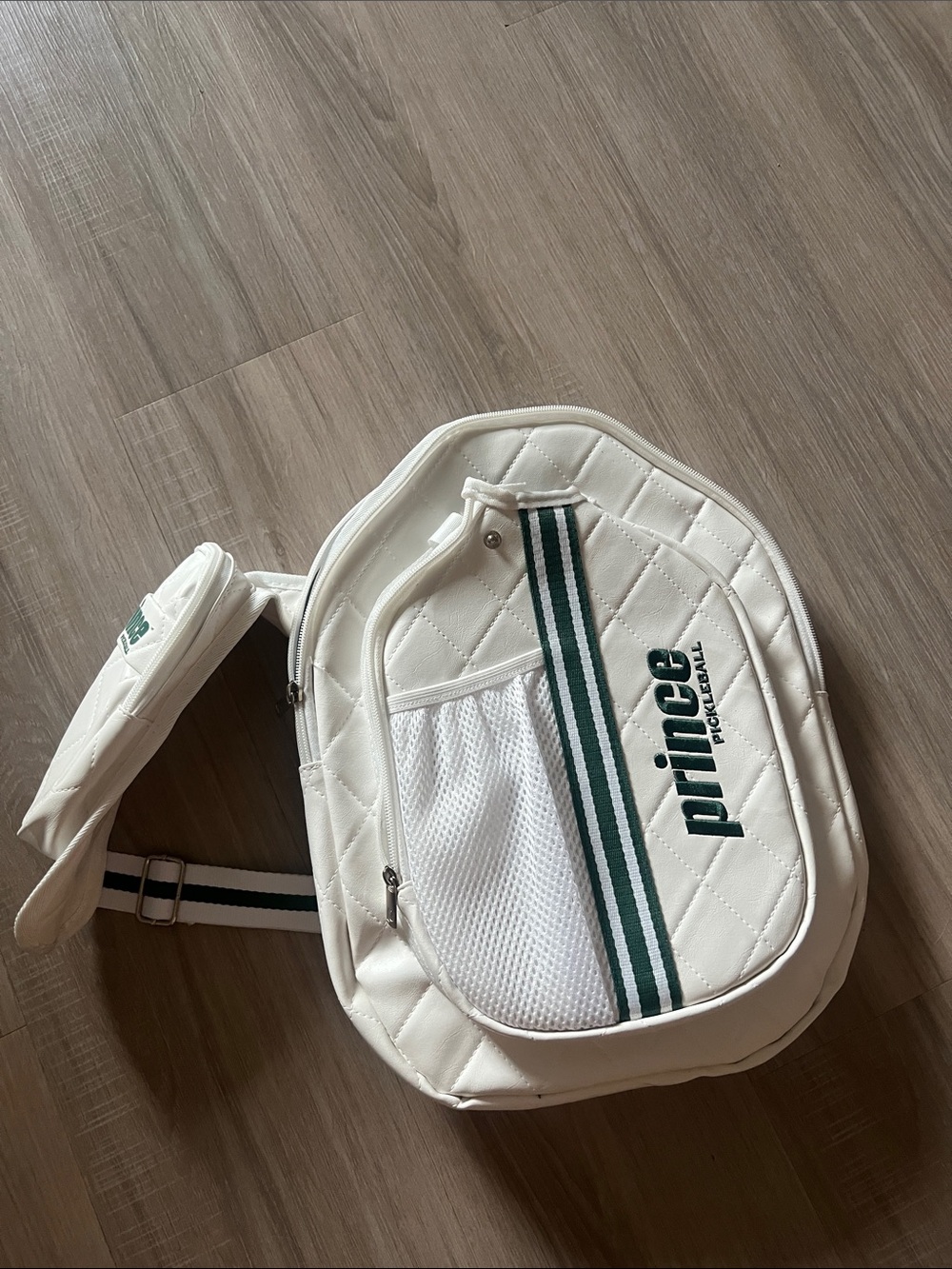 Prince White Quilted Sling Bag with Green Stripes Pickleball